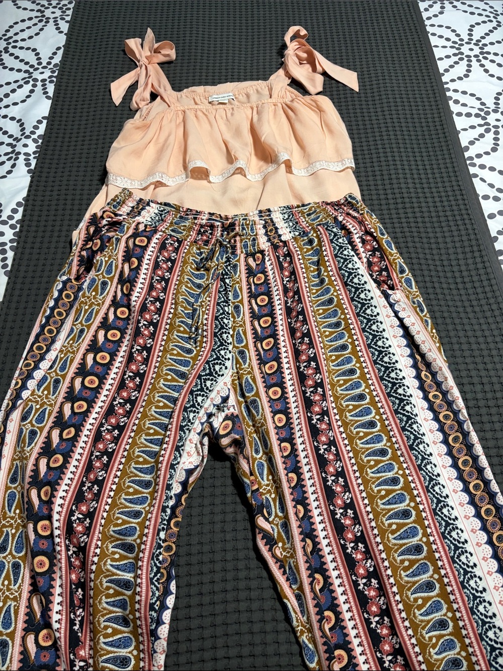 Women’s Peach Tie-Shoulder Top & Patterned Boho Pants Set